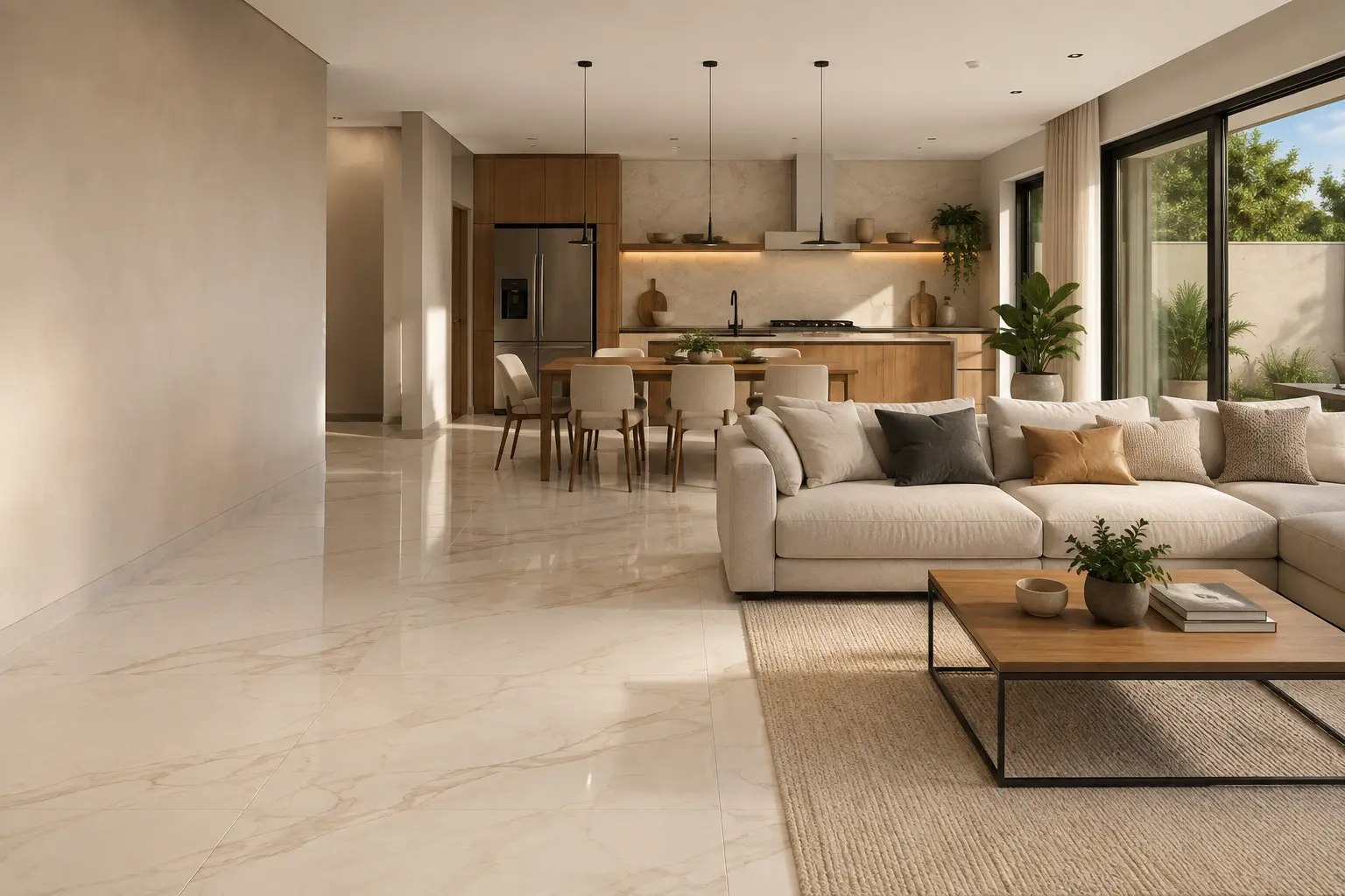 Sala e cozinha contemporâneas com porcelanato claro de grande formato